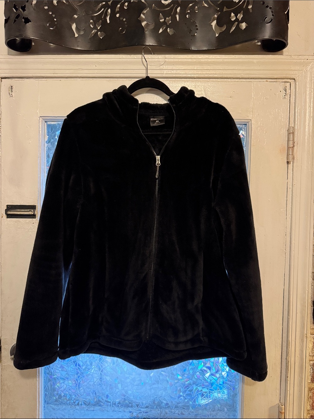 32 Degrees Plush Black Hooded Zip-Up Teddy Jacket for Women